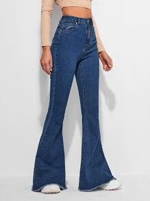 SHEIN Frenchy Raw Hem Flare Leg Vintage Jeans Casual - Medium Wash - View 4