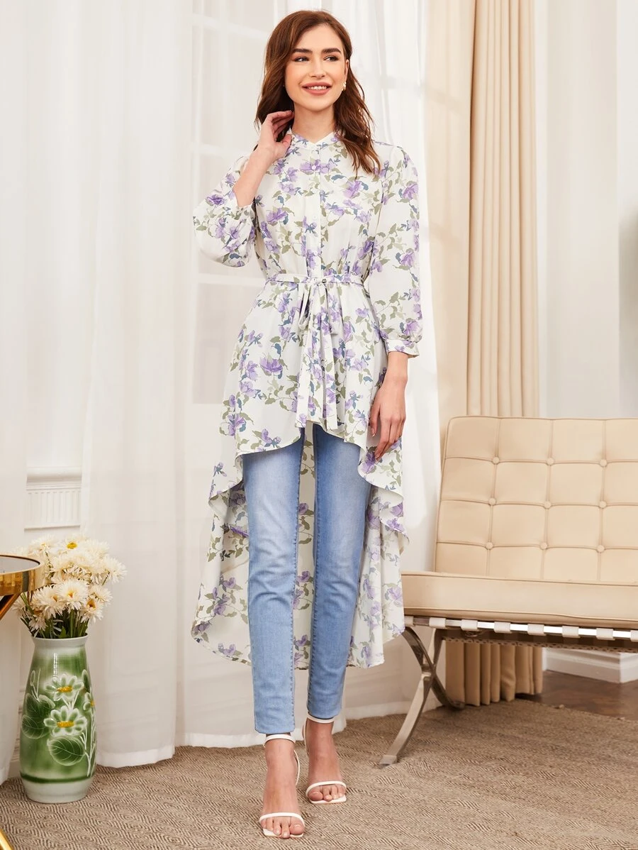 SHEIN Clasi Áo sơ mi nữ Thắt lưng Cao thấp Nút phía trước Hoa Giải trí - Nhiều màu - Xem 1