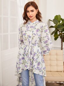 SHEIN Clasi Áo sơ mi nữ Thắt lưng Cao thấp Nút phía trước Hoa Giải trí - Nhiều màu - Xem 3