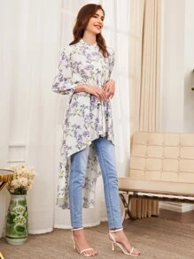 SHEIN Clasi Áo sơ mi nữ Thắt lưng Cao thấp Nút phía trước Hoa Giải trí - Nhiều màu - Xem 4