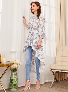 SHEIN Clasi Áo sơ mi nữ Thắt lưng Cao thấp Nút phía trước Hoa Giải trí - Nhiều màu - Xem 5