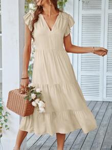 SHEIN Unity Đầm Xù Viên lá sen màu trơn Boho - Màu be - Xem 1