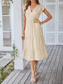 SHEIN Unity Đầm Xù Viên lá sen màu trơn Boho - Màu be - Xem 4