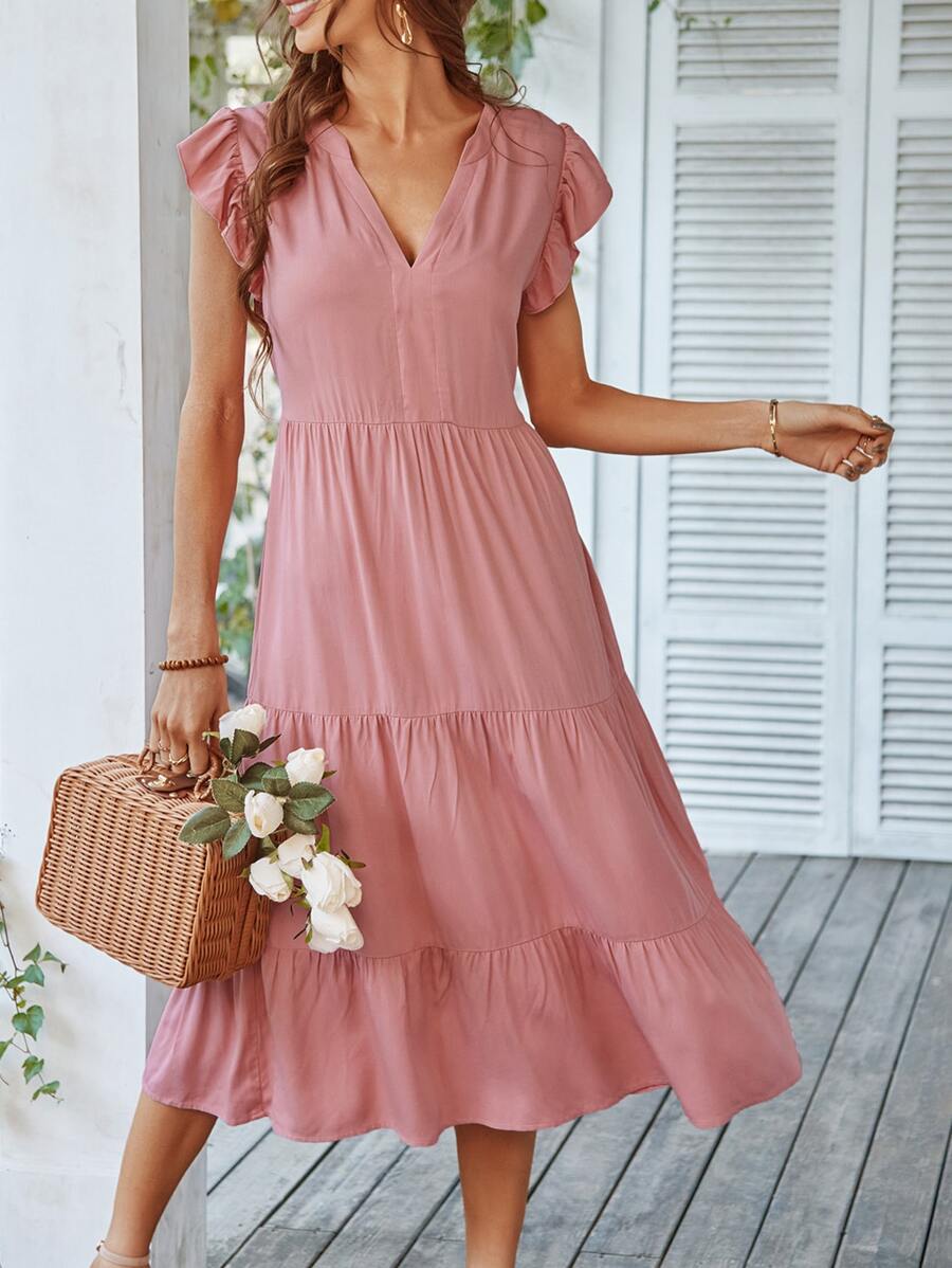 Flutter Sleeve Ruffle Hem Dress - Dusty Pink - View 1