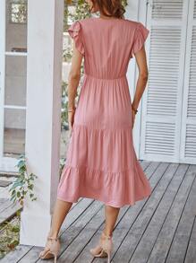 Flutter Sleeve Ruffle Hem Dress - Dusty Pink - View 2