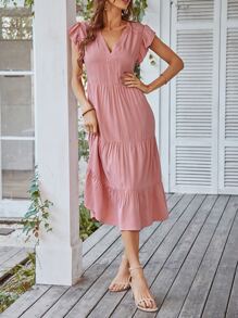 Flutter Sleeve Ruffle Hem Dress - Dusty Pink - View 3