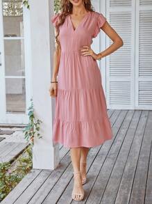 Flutter Sleeve Ruffle Hem Dress - Dusty Pink - View 4