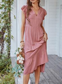 Flutter Sleeve Ruffle Hem Dress - Dusty Pink - View 5