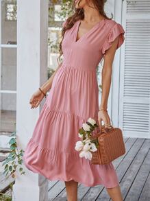 Flutter Sleeve Ruffle Hem Dress - Dusty Pink - View 6