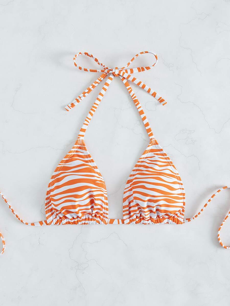 Zebra Stripe Halter Triangle Bikini Top - Orange - View 1