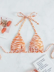 Zebra Stripe Halter Triangle Bikini Top - Orange - View 3