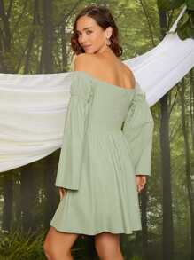 SHEIN VCAY Off Shoulder Flounce Sleeve Ruched Bust Dress