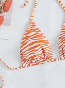 Zebra Stripe Halter Triangle Bikini Top - Orange - View 4