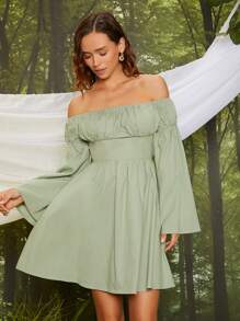 SHEIN VCAY Off Shoulder Flounce Sleeve Ruched Bust Dress