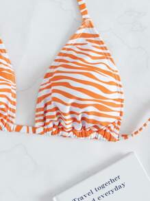 Zebra Stripe Halter Triangle Bikini Top - Orange - View 5