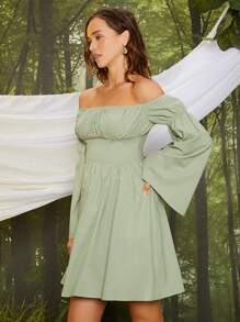 SHEIN VCAY Off Shoulder Flounce Sleeve Ruched Bust Dress