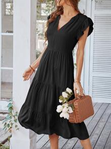 Breezaya 蝴蝶袖荷葉邊洋裝 - 黑色 - 查看 5