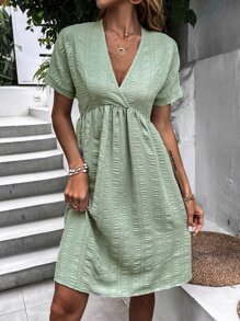 深V領圍裹胸襟素色連衣裙 - 薄荷綠 - 查看 1