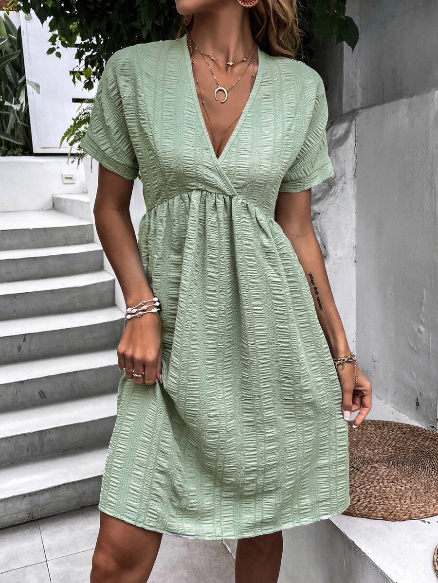 深V領圍裹胸襟素色連衣裙 - 薄荷綠 - 查看 1