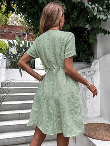 深V領圍裹胸襟素色連衣裙 - 薄荷綠 - 查看 2