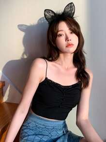 Solid Lace Trim Ruched Crop Cami Top - Black - View 1
