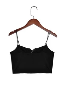 Solid Lace Trim Ruched Crop Cami Top - Black - View 2