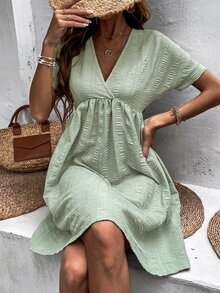 深V領圍裹胸襟素色連衣裙 - 薄荷綠 - 查看 5