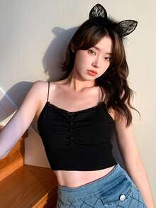 Solid Lace Trim Ruched Crop Cami Top - Black - View 3