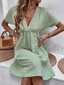 深V領圍裹胸襟素色連衣裙 - 薄荷綠 - 查看 7