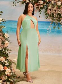 SHEIN Belle Plus One Shoulder Cutout Split Thigh Bridesmaid Dress - Mint Green - View 1