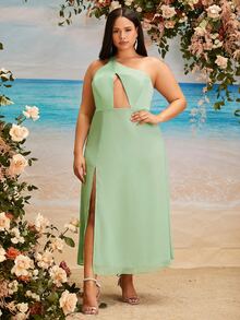 SHEIN Belle Plus One Shoulder Cutout Split Thigh Bridesmaid Dress - Mint Green - View 3