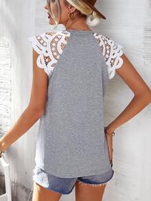 Áo thun nữ Tương phản ren Nút phía trước Khối Màu Giải trí - Xám - Xem 2