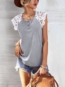 Áo thun nữ Tương phản ren Nút phía trước Khối Màu Giải trí - Xám - Xem 4