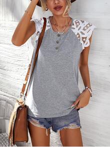 Áo thun nữ Tương phản ren Nút phía trước Khối Màu Giải trí - Xám - Xem 3