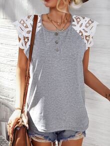 Áo thun nữ Tương phản ren Nút phía trước Khối Màu Giải trí - Xám - Xem 6