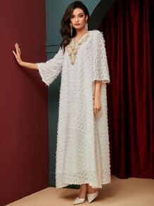 Al Najma 花卉圖案荷葉袖珍珠釘珠阿拉伯連衣裙 - 白色 - 查看 1