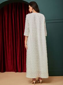 Al Najma 花卉圖案荷葉袖珍珠釘珠阿拉伯連衣裙 - 白色 - 查看 2