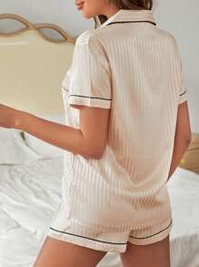 Striped Button Front Satin Pajama Set - Champagne - View 2