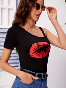 SHEIN Unity Áo thun nữ Bất đối xứng Con số Giải trí - màu đen - Xem 6