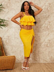 SHEIN SXY con bordado con ojal fruncido Top de tirantes corto & de muslo con abertura Set falda - Amarillo - Ver 4