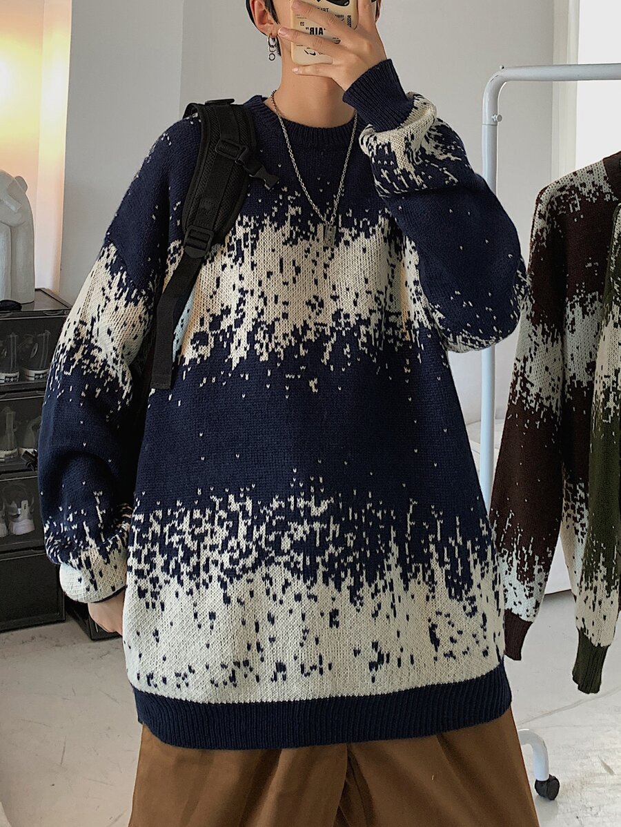 Men Color Block Drop Shoulder Sweater, Warming - Blue and White - View 1