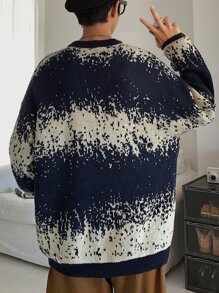 Men Color Block Drop Shoulder Sweater, Warming - Blue and White - View 2
