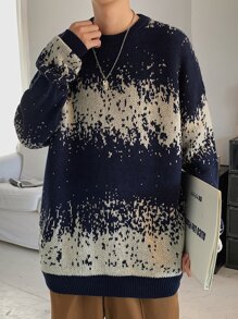 Men Color Block Drop Shoulder Sweater, Warming - Blue and White - View 3