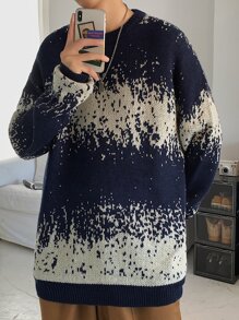 Men Color Block Drop Shoulder Sweater, Warming - Blue and White - View 4