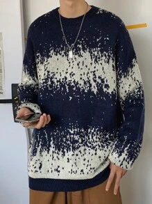 Men Color Block Drop Shoulder Sweater, Warming - Blue and White - View 5