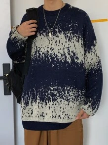 Men Color Block Drop Shoulder Sweater, Warming - Blue and White - View 6