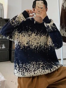 Men Color Block Drop Shoulder Sweater, Warming - Blue and White - View 7