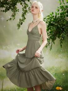 ROMWE Fairycore Đầm viền lá sen màu trơn Giải trí - xanh quân đội - Xem 2