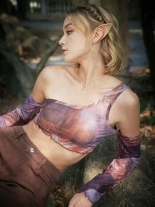 ROMWE Hippie 滿版印花單肩上衣 - 彩色 - 查看 4