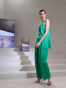 SHEIN Unity High Waist Slant Pockets Wide Leg Trousers - Green - View 10